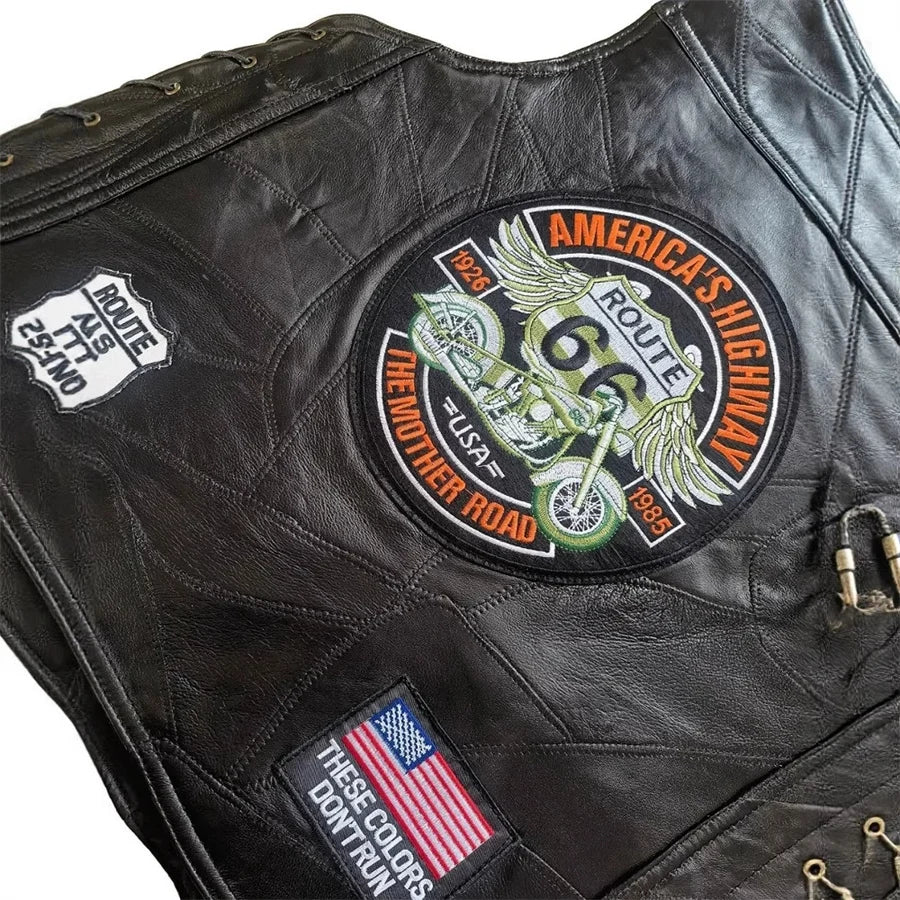Motorbike Embroidered Men Leather Vest Punk Sleeveless Jacket Motorcycle Riding Biker Waistcoat Men's Clothing Black Streetwear