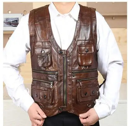 2025 Cowhide Genuine Leather Vest Men Waistcoat Male Sleeveless Jacket Thick Motorcycle Vest Multi Pocket leather biker vest