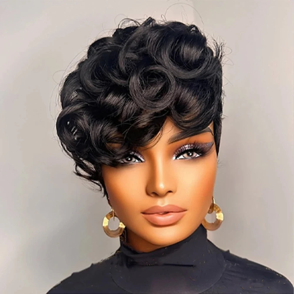 Black Short Curly Pixie Wigs Human Hair 100% Natural Realistic Full Machine Made For Women Bouncy Curl Style Trendy Daily
