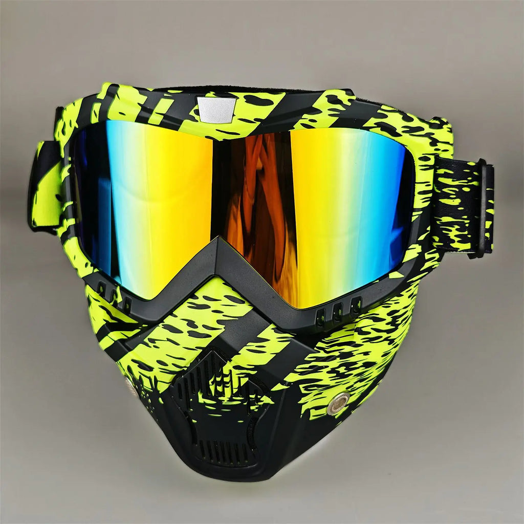 Motorcycle Glasses Riding Glases with Removable Face Mask, Removable Anti-fog Glasses, Mouth Filter, Adjustable Anti-slip Strap