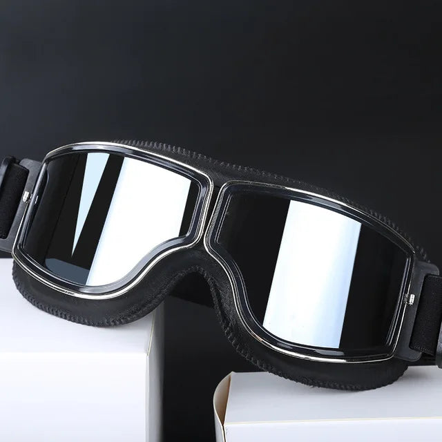 Motorcycle Helmet Glasses–Retro Windproof Sunglasses with Leather Frame–Lightweight Foldable&Universal Fit–Perfect for riding