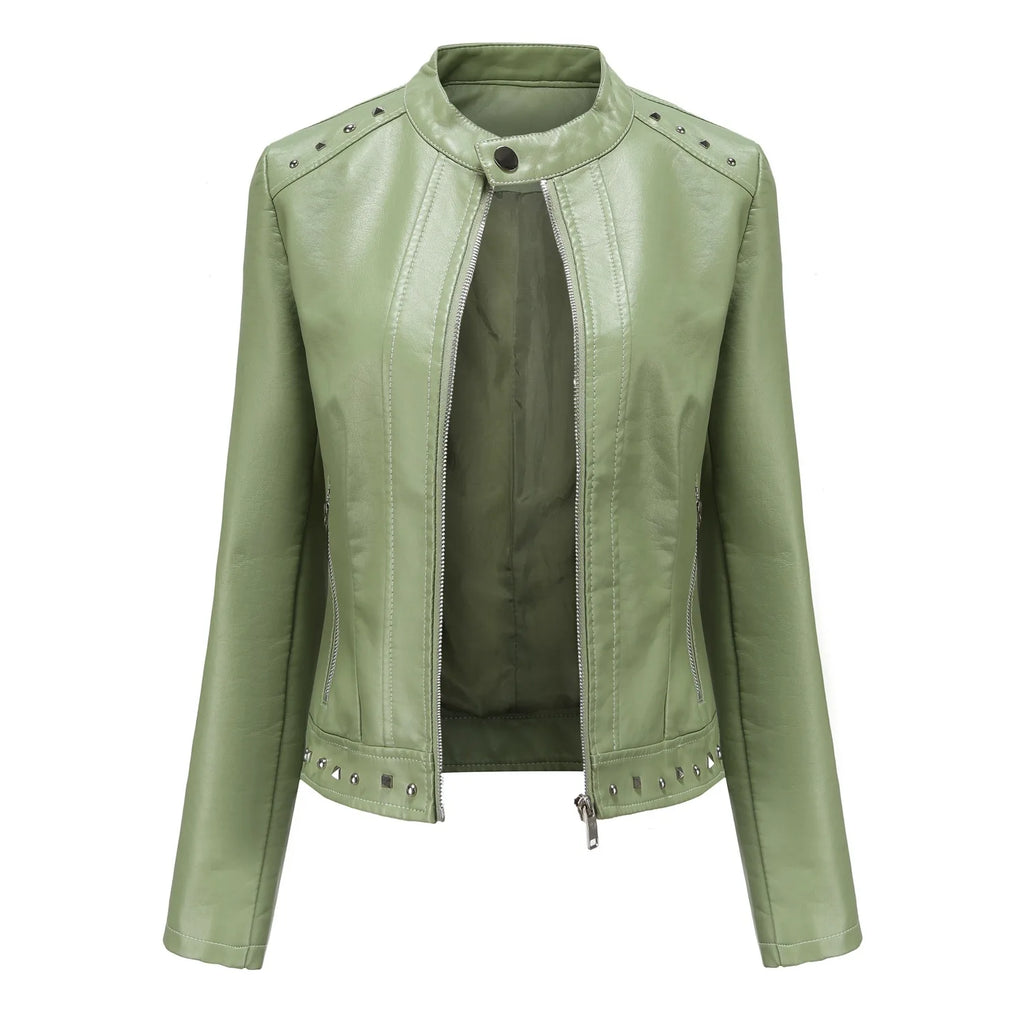 Women's Riveted Leather Coat with Standing Collar, Casual Jacket, Motorcycle Clothing, 5XL, Zipper leather jacket motorcycle top
