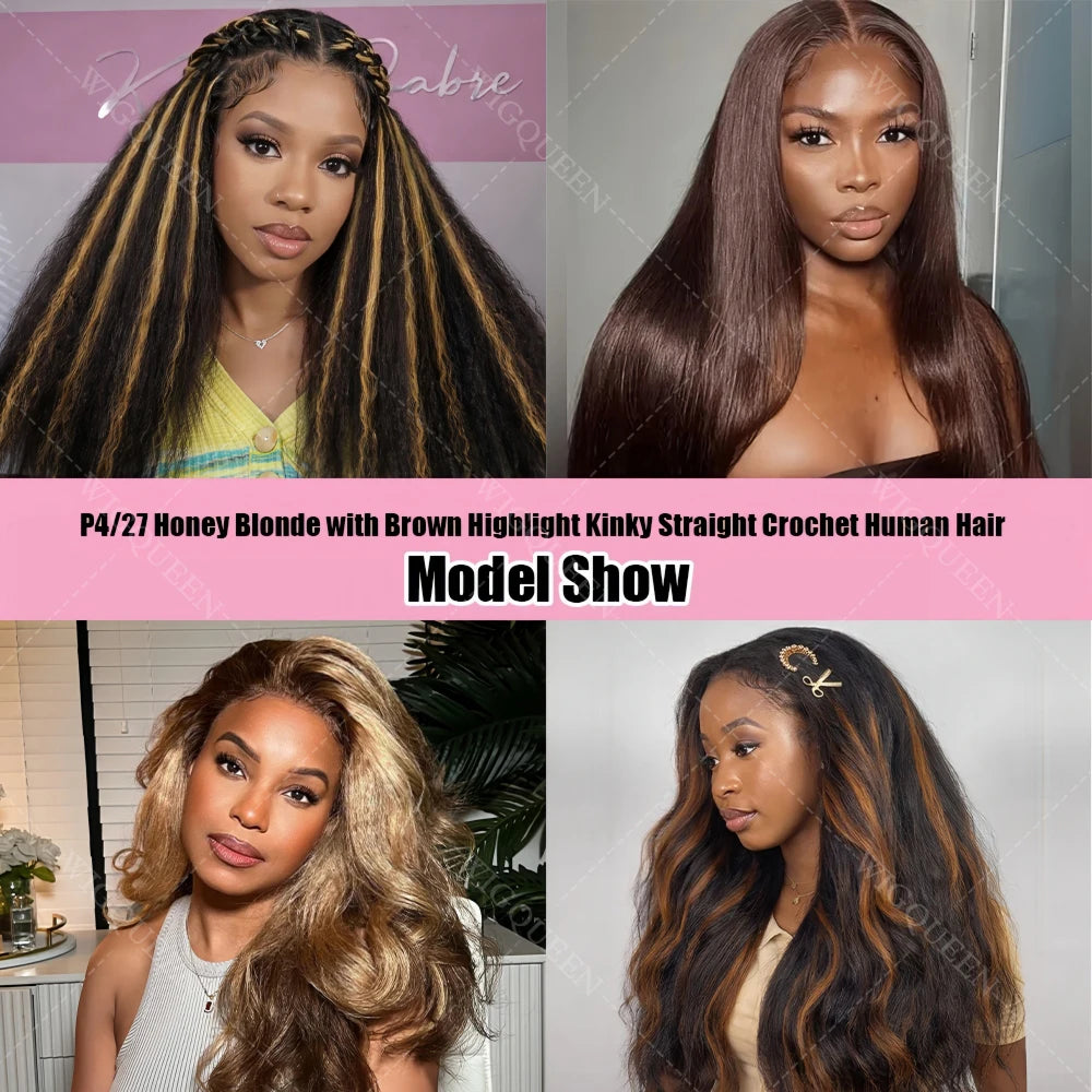 Kinky Straight Crochet bundles Human Hair Extensions 5pack/300g Full Head #4Chocolate Brown Yaki Straight Feather Line Bulk Hair