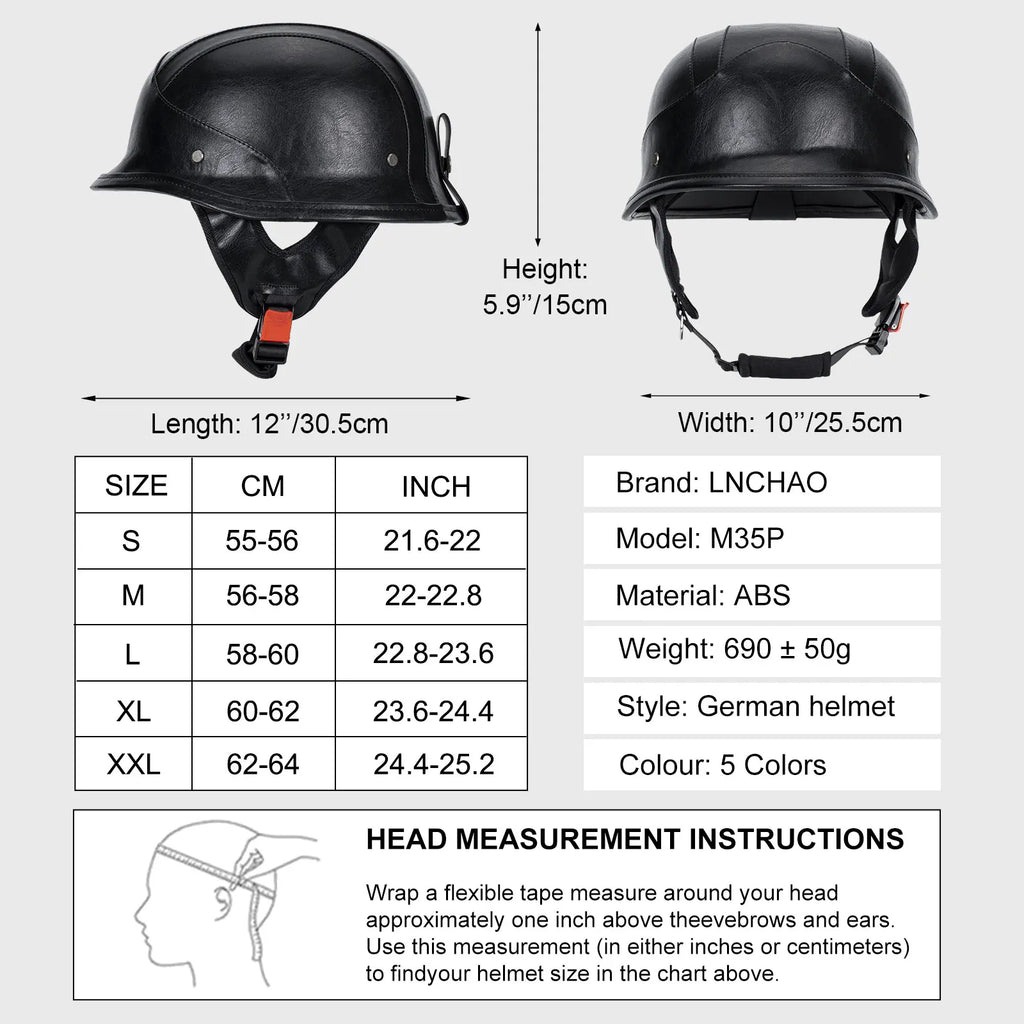 German Half Helmet Premium Vintage Open Face Motorcycle Helmet Genuine Cowhide Leather Cover DOT Certified Classic Retro Design