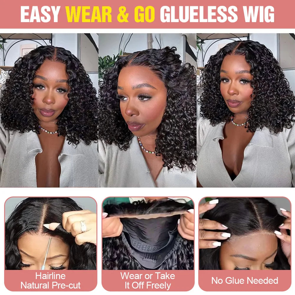 13x6 Short Curly Bob Deep Water Wave Lace Frontal Wigs 7x5 Glueless Wig 100% Human Hair Wig 250% Density 12 14 Inch For Women