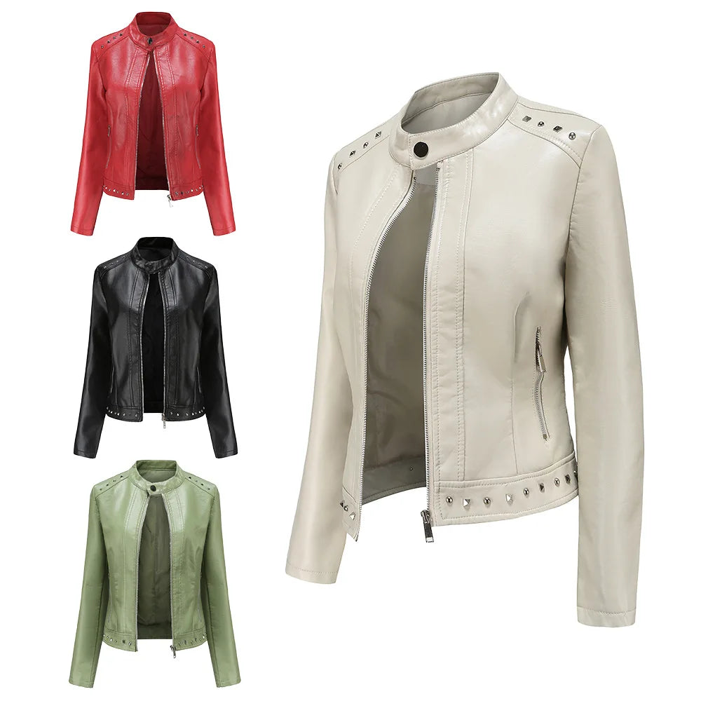 Women's Riveted Leather Coat with Standing Collar, Casual Jacket, Motorcycle Clothing, 5XL, Zipper leather jacket motorcycle top