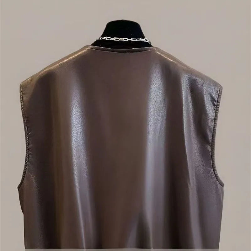 Fashion Black Brown Pu Leather Vest Coat Women's Clothing Spring Autumn Premium Motorcycle Short Sleeveless Leather Jacket top