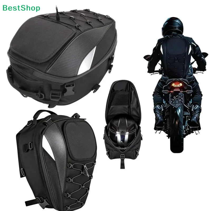 ♫Waterproof Motorcycle Tail Bag,Expandable Helmet Storage Backpack with Molle System for Motorbike Riding