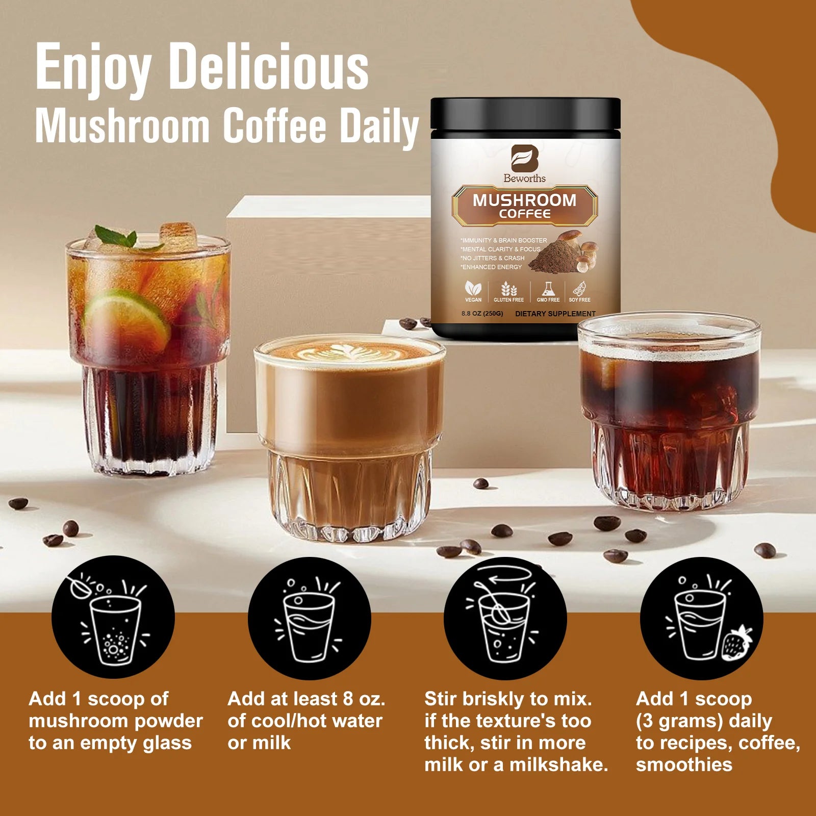 10x Mushrooms Coffee Supplement with Lion's Mane and Cordyceps for Focus and Immune Support Energy Brain Booster