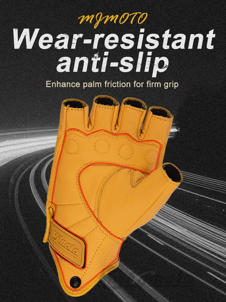 MJMOTO Retro Leather Motorcycle Half Finger Gloves Touchscreen Motocross Gloves Hard Shell Protection Motorbike Glove Breathable