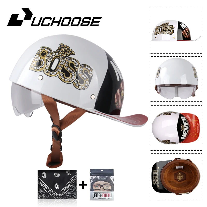 Uchoose Baseball Cap Helmet Motorcycle Vintage Retro Helmets Summer Open Face Scooter Cruiser Chopper Gangster DS Men Women Kid