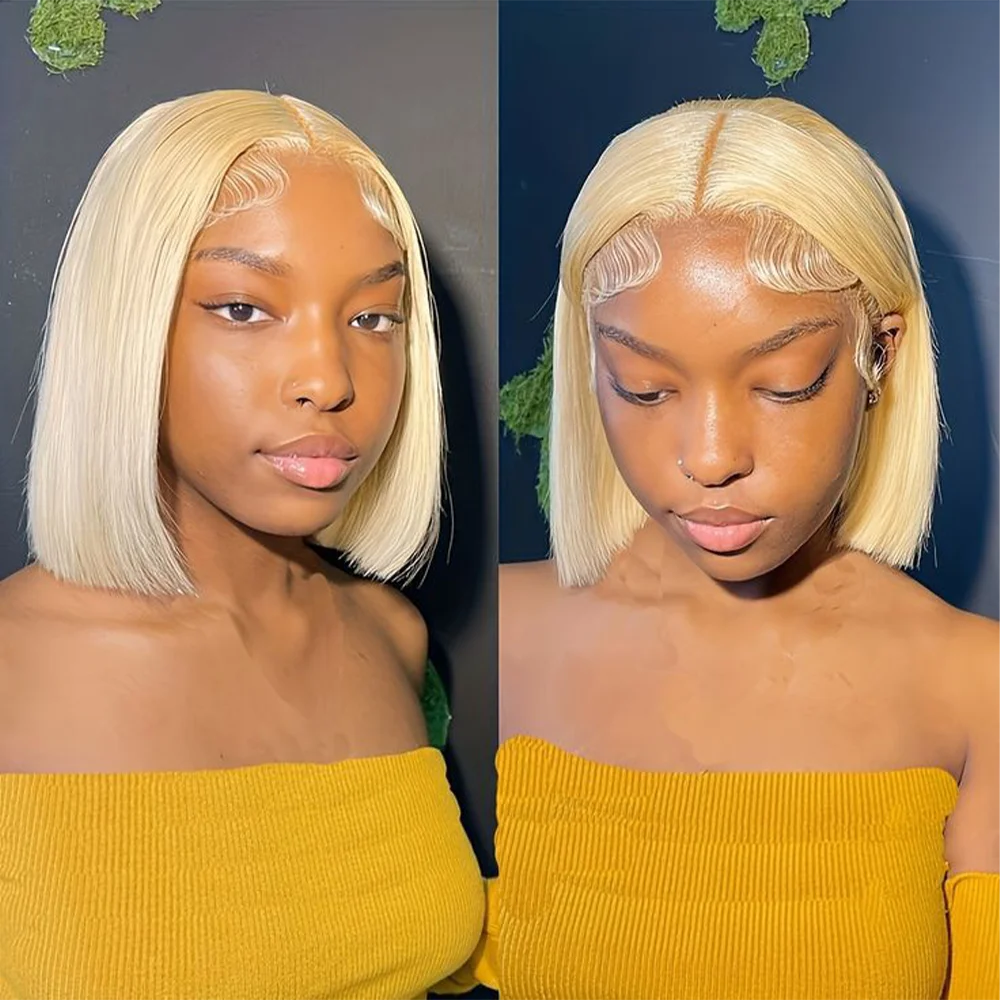 Honey Blonde Short Straight Bob Human Hair Wigs Brazilian Lace Front 613 Human Hair Wigs Pre Plucked HD Lace Wigs Remy Hair Wigs