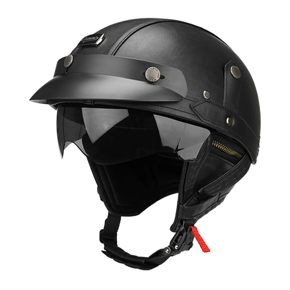 Motorcycle Half Helmet Leather Motorbike Open Face Helmet Vintage Fashion Safety Helmets Anti Fall And SunCap Moto Helmets M-XL