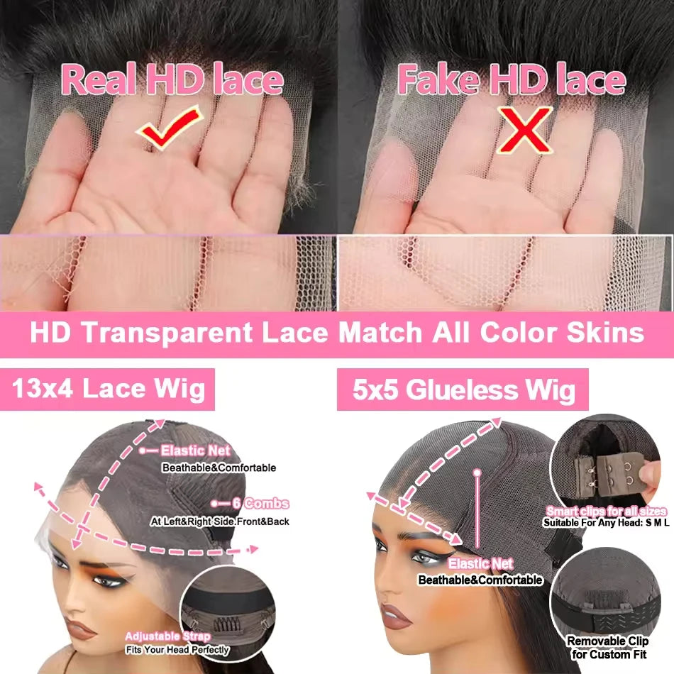 Bone Straight 13x4 Lace Frontal Wig For Women 5x5 Glueless Invisi-Drawstring Black Human Hair Wigs 360 Full Lace Wig Human Hair