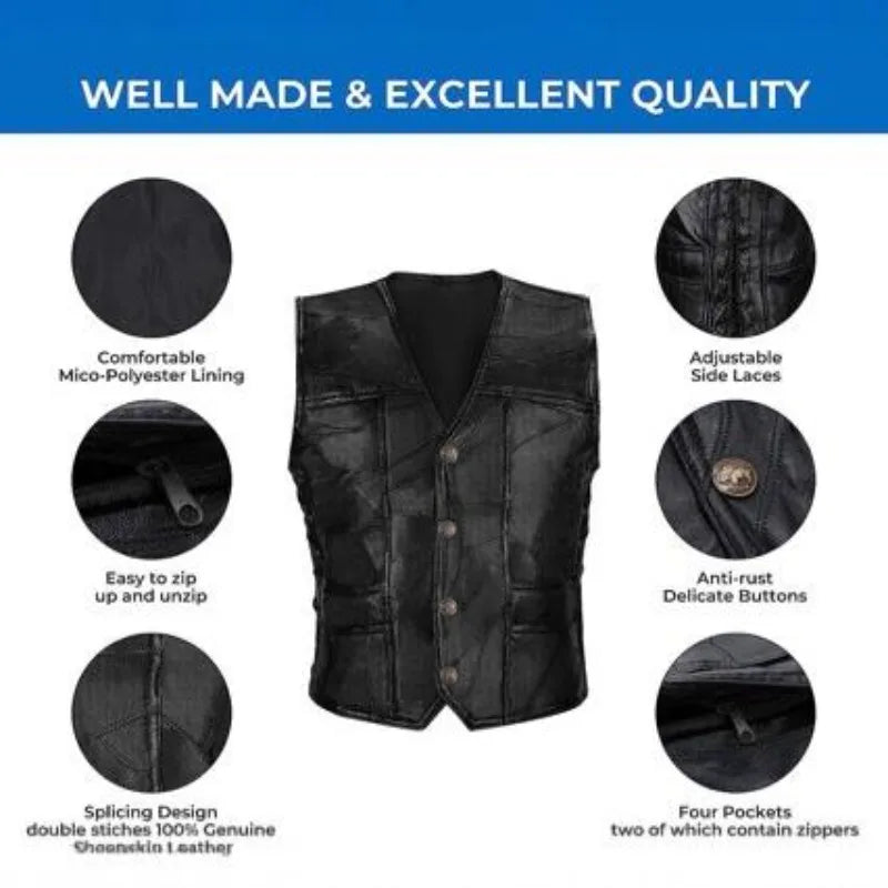 Motorcycle Pu Leather Vest Male Sleeveless Trendy Fashionable Jacket Button Casual Waistcoat Men Solid Color Vest Large Size