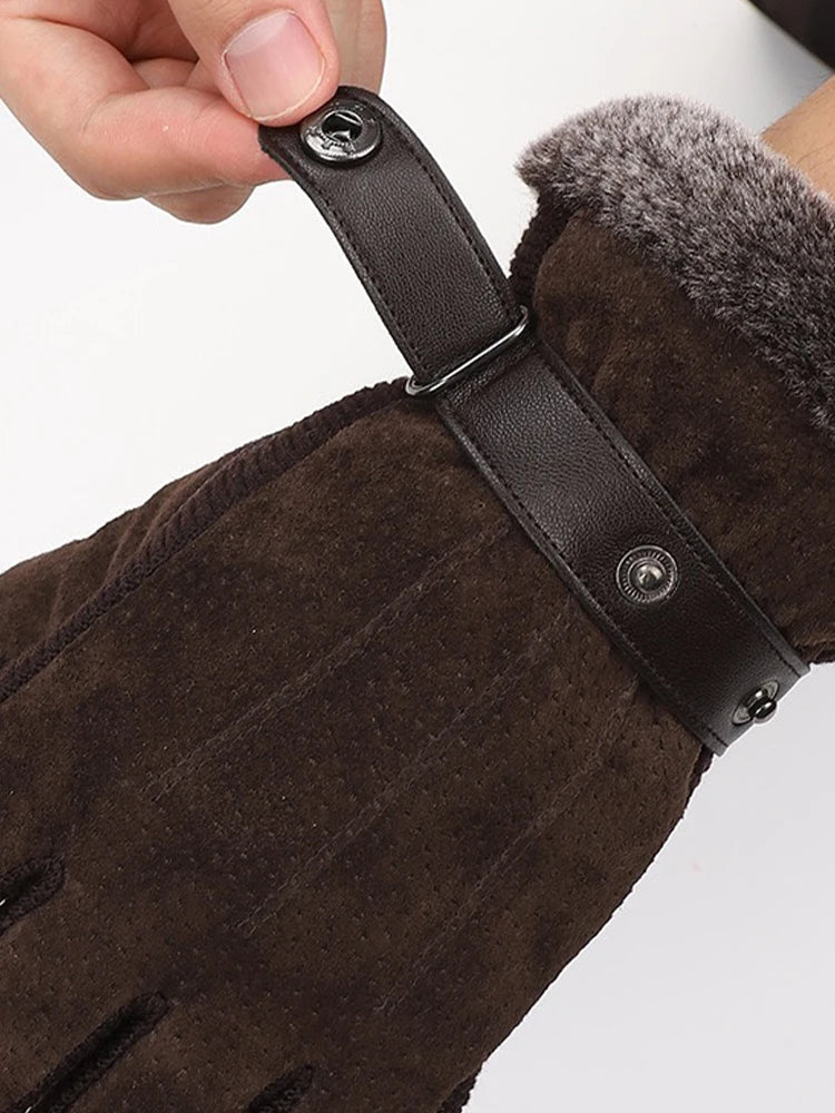 Men's Pigskin Touchscreen Gloves, Fleece-Lined, Thickened for Winter, Windproof Motorcycle Riding Cold-Resistant Gloves