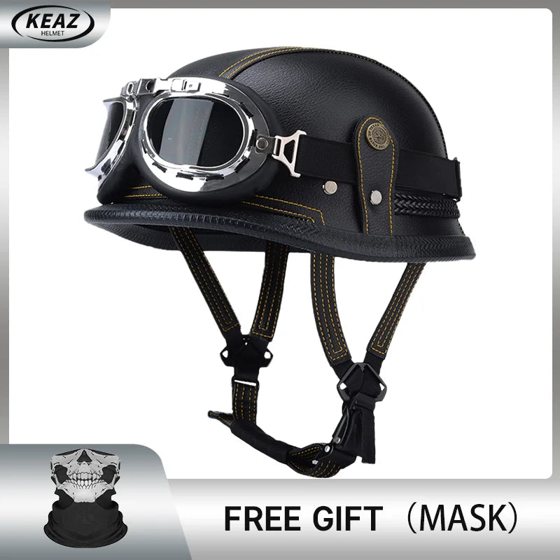 Factory Price Motorcycle German Style Leather Half Face Helmet DOT Approved Cap1/2 Shell Helmets+Goggles Open-Face Casque