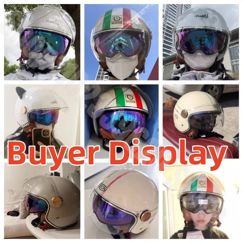 BEON Motorcycle Retro Style Helmet Electric Bike Riding Three-quarters Half Helmet Lightweight Dual Lens Safety Helmet