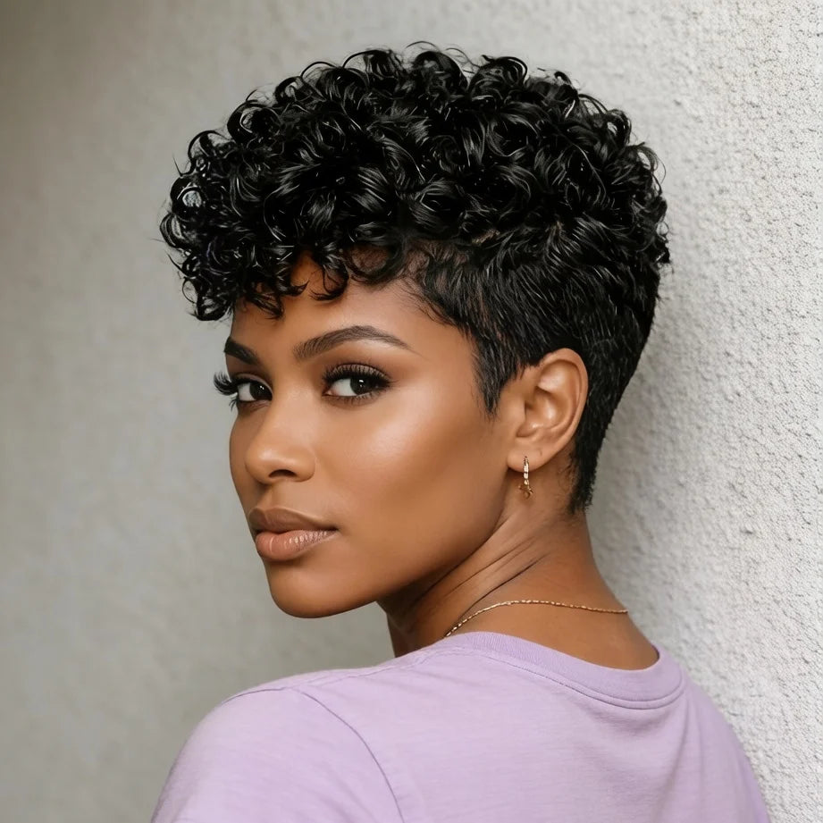 Short Curly Pixie Wig Human Hair for Women Machine-made Wig