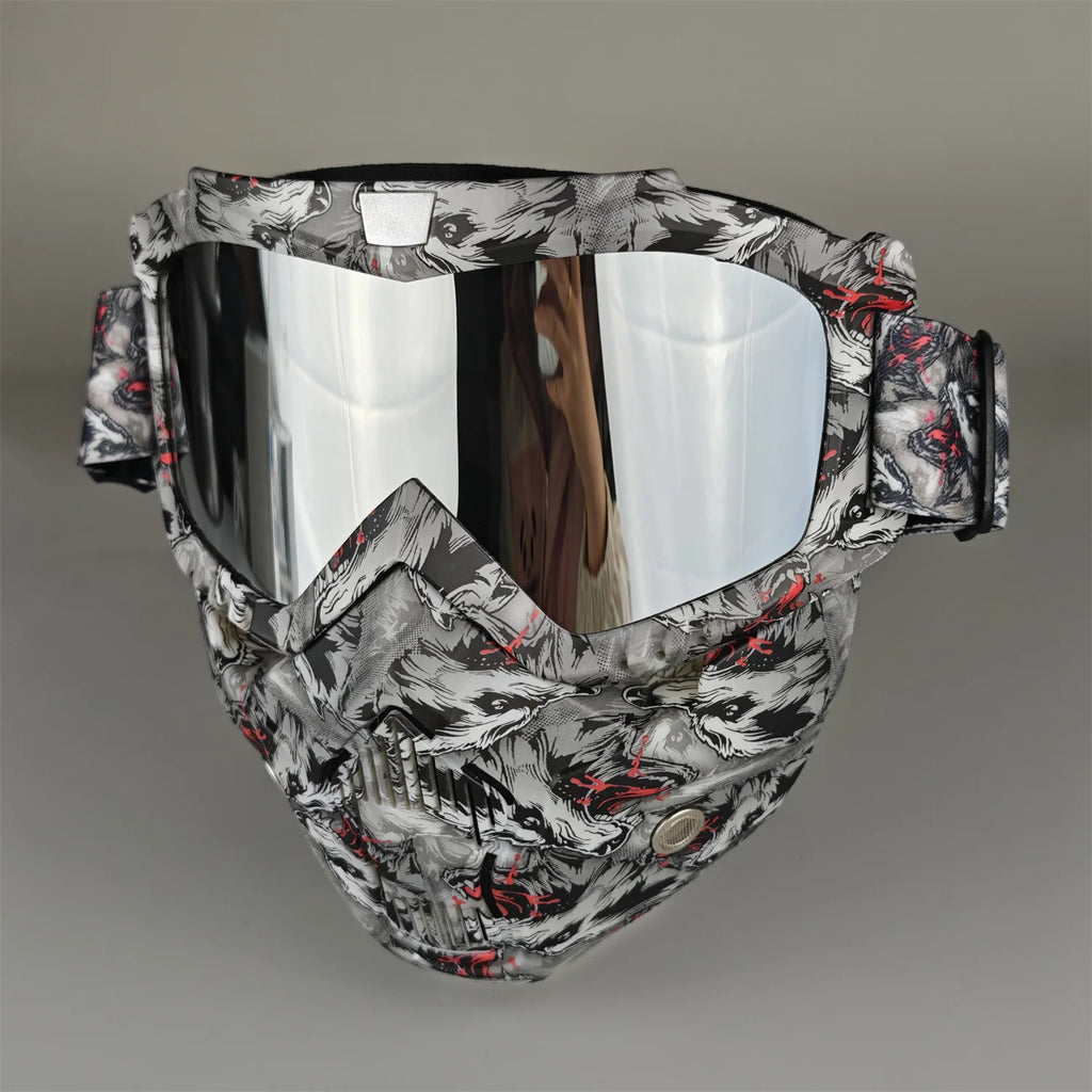 Motorcycle Glasses Riding Glases with Removable Face Mask, Removable Anti-fog Glasses, Mouth Filter, Adjustable Anti-slip Strap