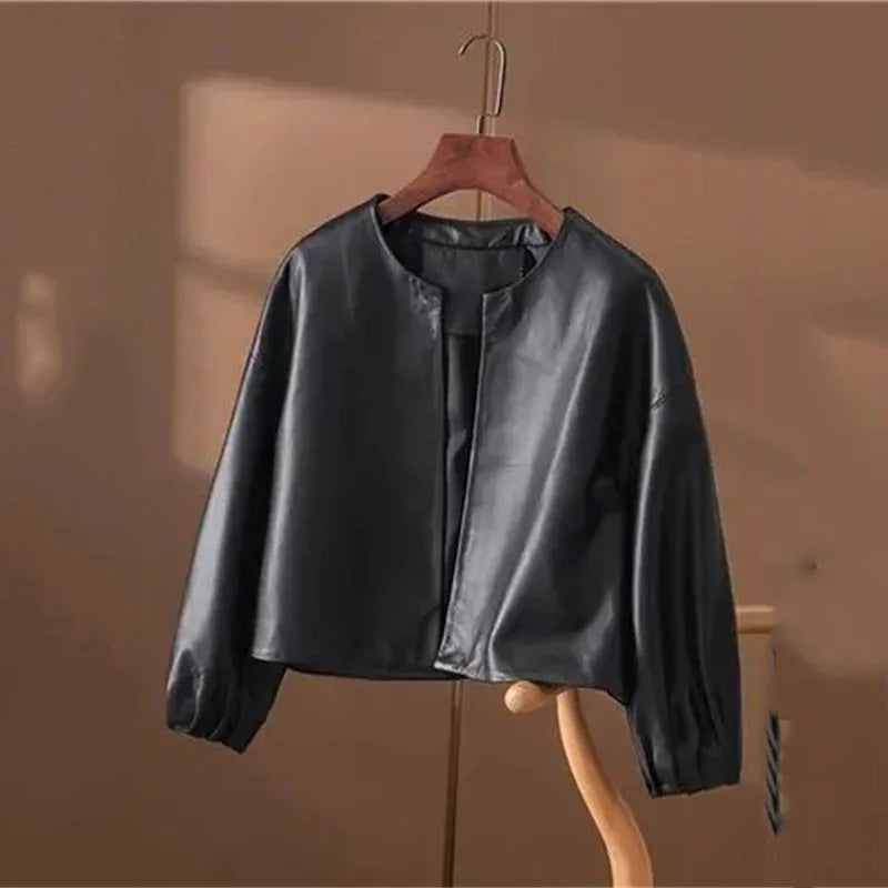 Fashion Motorcycle Clothing Khaki Black Leather Jacket Spring Autumn Women Coat Round-Neck Lantern Sleeve PU Leather Short Coat