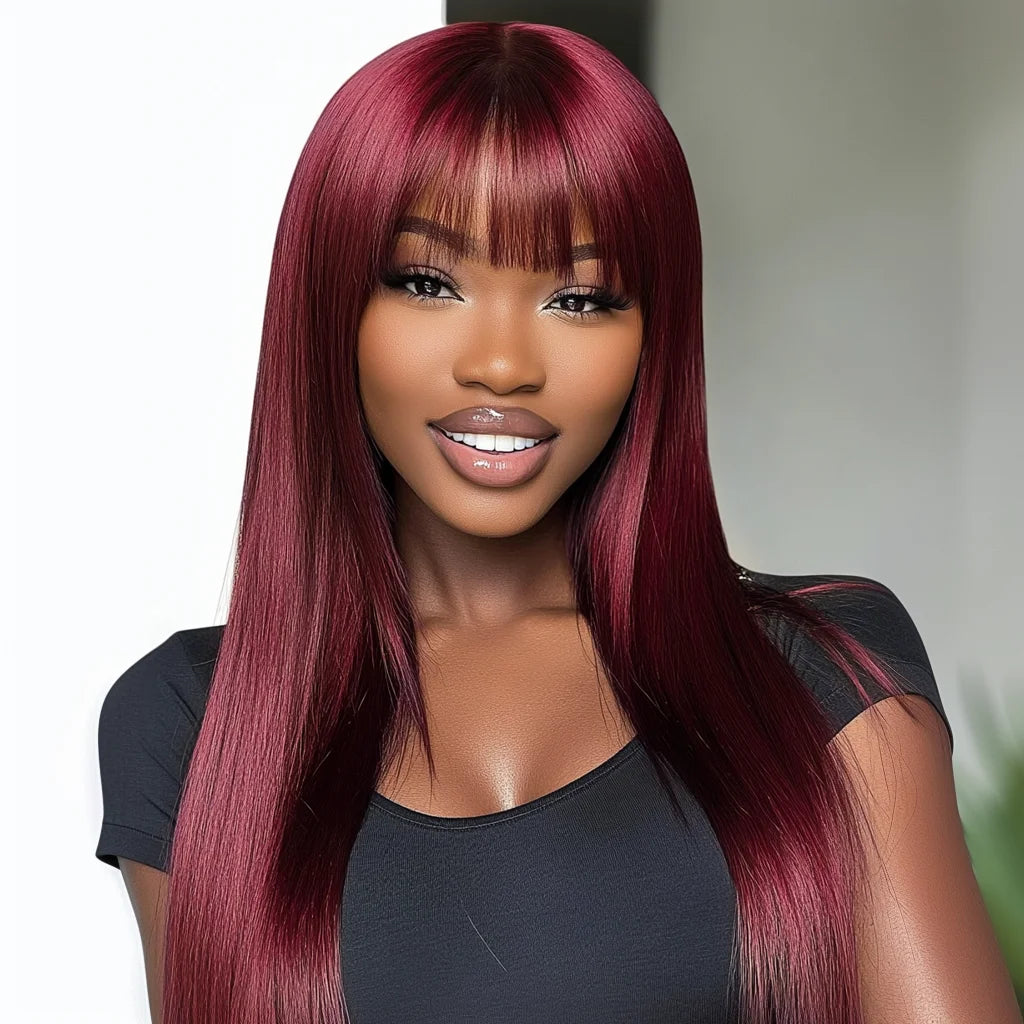 Lekker 99J Burg Red Long Straight 100% Human Hair Wig With Bangs For Women Brazilian Remy Hair Colored Full Machine Glueless
