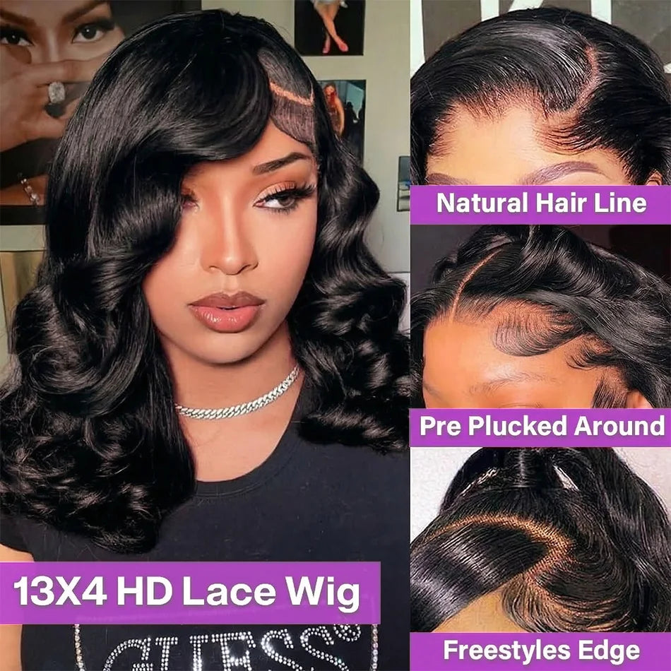 250% HD Lace Frontal Wig Short Bob Wig Human Hair Glueless Human Hair Wavy Body Wave 13x4 Transparent Lace Front Wigs For Women
