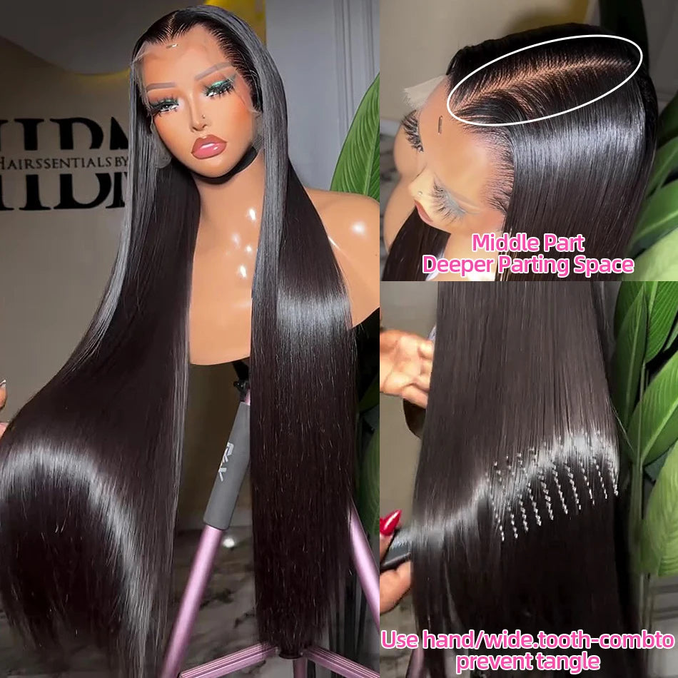 250 Density Human Hair Brazilian 13x4 Bone Straight HD Lace Front Wig 30 40 Inch 13x6 Transparent Lace Frontal Wigs Black
