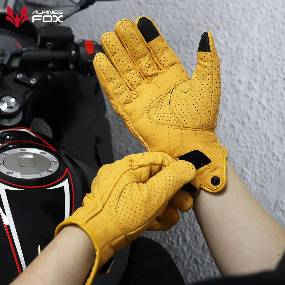Retro Pursuit Perforated Real Leather Motorcycle Gloves Summer Moto Motocross Breathable Motorbike Gloves Protective Gears