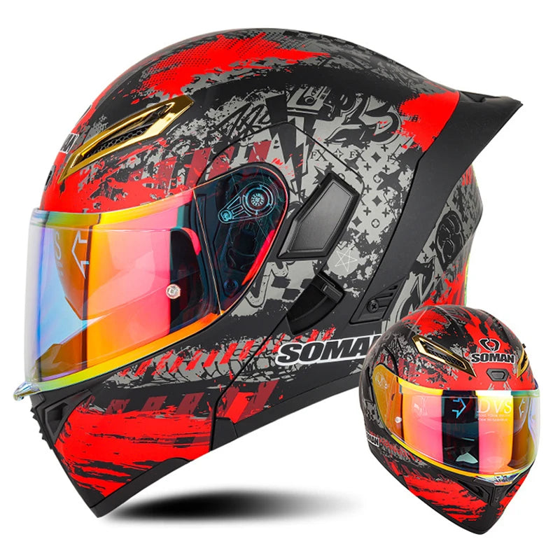 DOT Approved Men Motorcycle Helmet Dual Lens Flip Up Helmets Vintage Retro Full Face Moto Helmet Double Lens Modular Helm