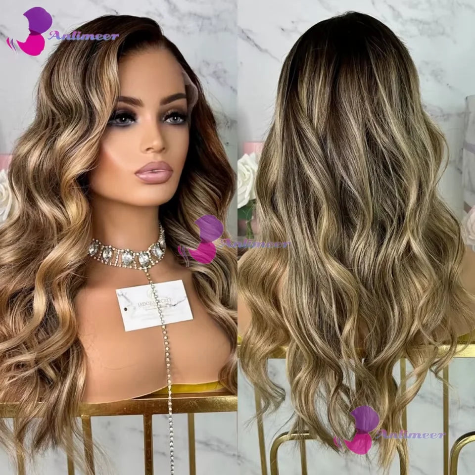 Light Blonde Brown Highlight Glueless 5x5 Silk Top Human Hair Lace Front Wigs Bleached Knots Brazilian Brown Root Full Lace Wig