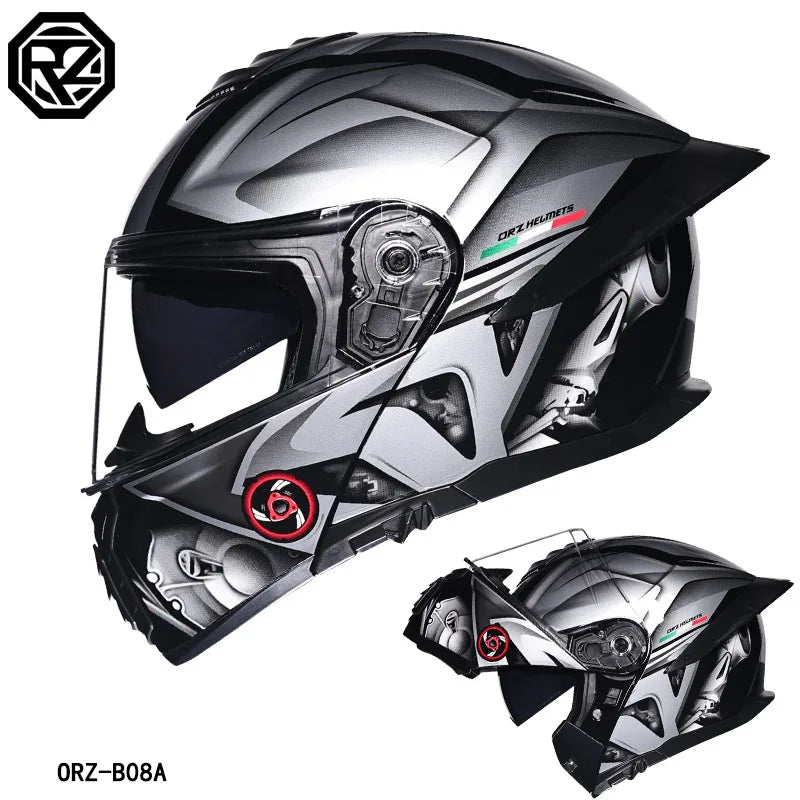 ORZ Motorcycle Helmet Dual Visor Modular Flip Up Full Face Helmet Cascos Para Moto Motocross Night Vision Lens DOT Approved