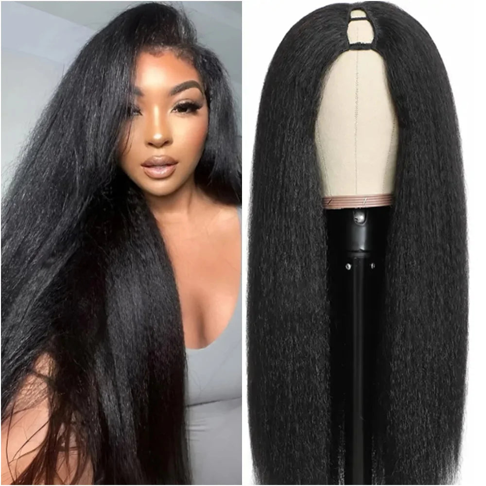 Kinky Straight V Part Wig 12-32 Inch Glueless Wig Human Hair Yaki Straight Ready To Wear Remy Hair Wigs 200 Density No Lace Wigs