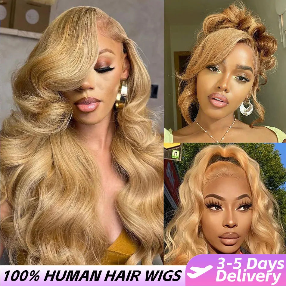 Honey Blonde 13x6 HD Lace Front Human Hair Wig 210% Density Body Wave Human Hair Wigs Colored 27# Pre Plucked Brazilian Hair