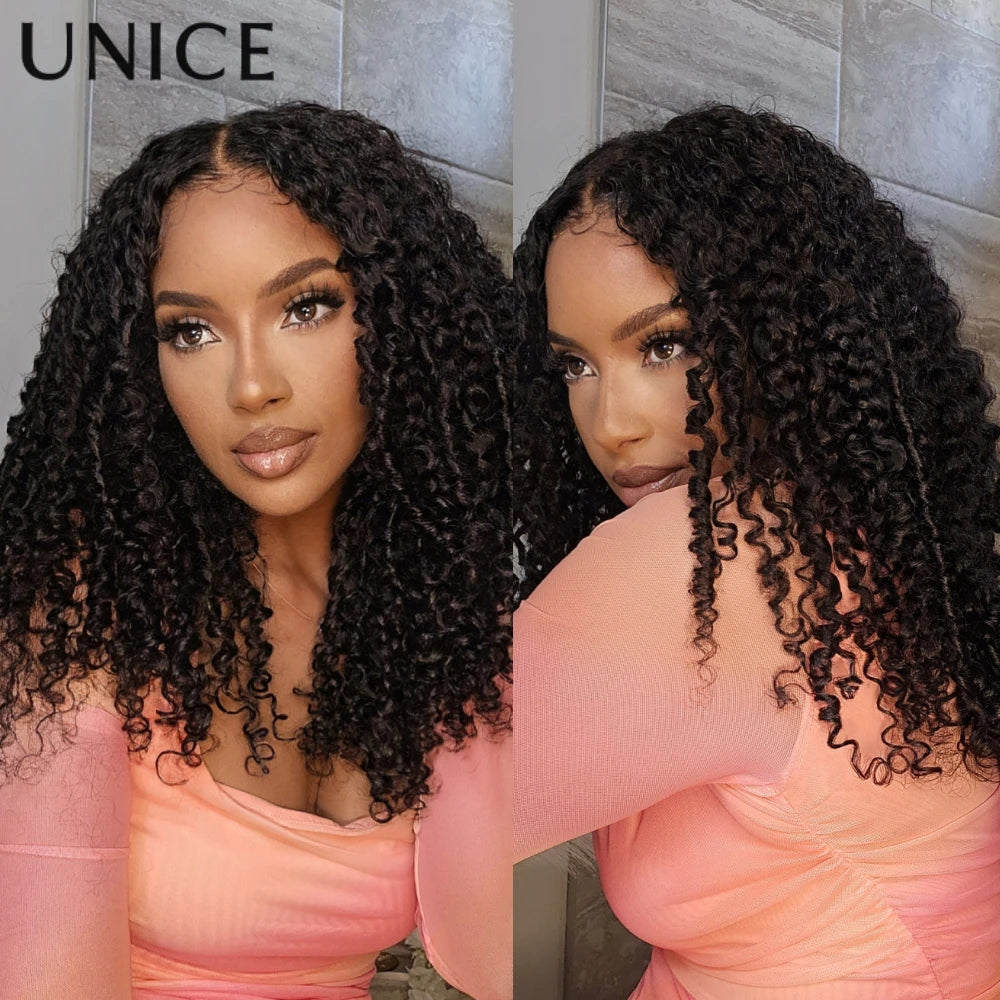UNice Burmese Curly V Part Wig With Finger Coil Ends & Invisi Drawstring 100% Human Hair Glueless Wigs For Beginners