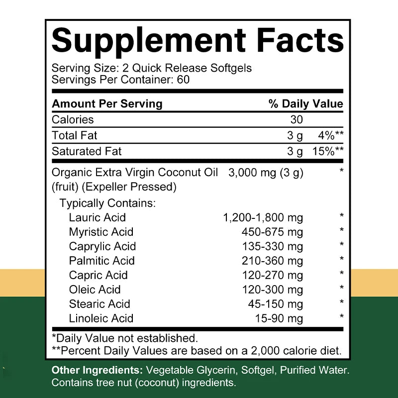 Extra Virgin Coconut Oil, 3000mg, 30/60/120 Softgels, Expeller Pressed Supplement Support for Hair, Nails & Skin Health, Non-GMO
