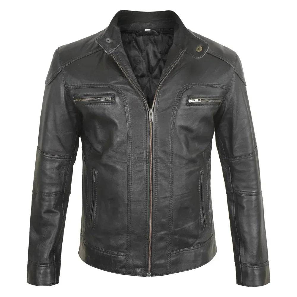Men's Black Hooded Biker Leather Jacket With Removable Hood