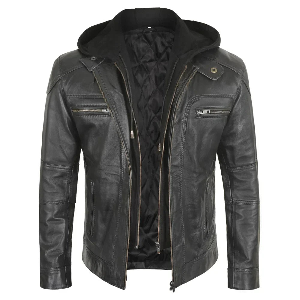 Men's Black Hooded Biker Leather Jacket With Removable Hood