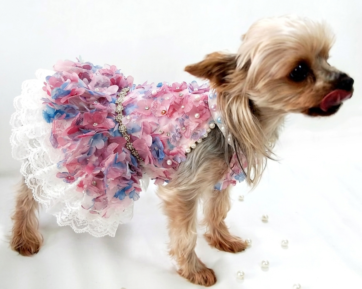 Handmade Pastel Floral Pet Dress with Pearl Collar & Lace Tutu - Party Outfit