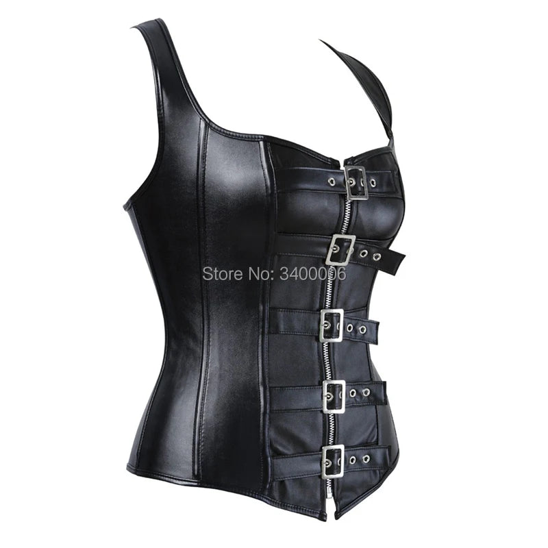 Leather Corset Top Woman Zip Leather Corset Buckle Bustier SteamPunk Gothic Studded Corset Corselet Straps Vest Plus Size Black