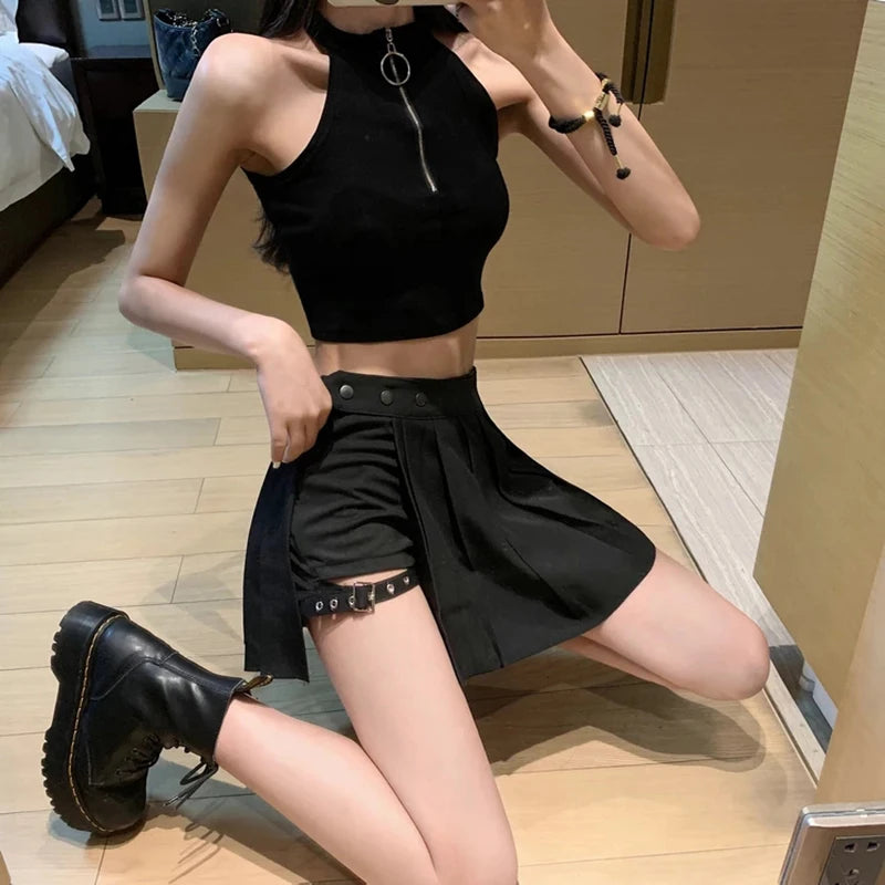 Sexy Gothic Women Skirt High Waist Pleated Punk  Black Summer Skirts Girl's skirt with shorts