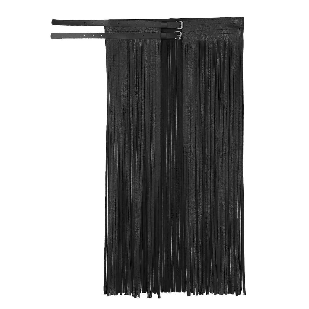 Women Punk Goth Skirt Belt Sexy Long Fringe Tassel Underskirts Adjustable Double Buckles PU Leather Waistband Skirt Rave Costume