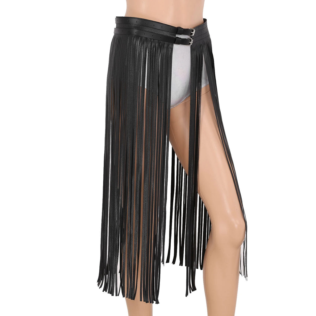 Women Punk Goth Skirt Belt Sexy Long Fringe Tassel Underskirts Adjustable Double Buckles PU Leather Waistband Skirt Rave Costume
