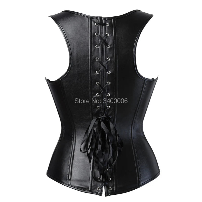 Leather Corset Top Woman Zip Leather Corset Buckle Bustier SteamPunk Gothic Studded Corset Corselet Straps Vest Plus Size Black