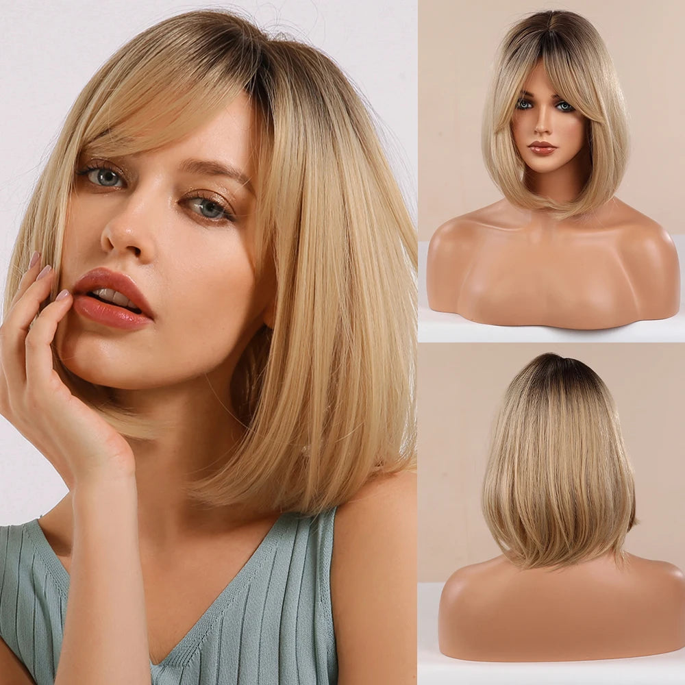 BLONDE UNICORN Synthetic Wig Natural Short Bob Wig Brown Blonde Straight Hair With Bangs Daily Use For Women Heat Resistant