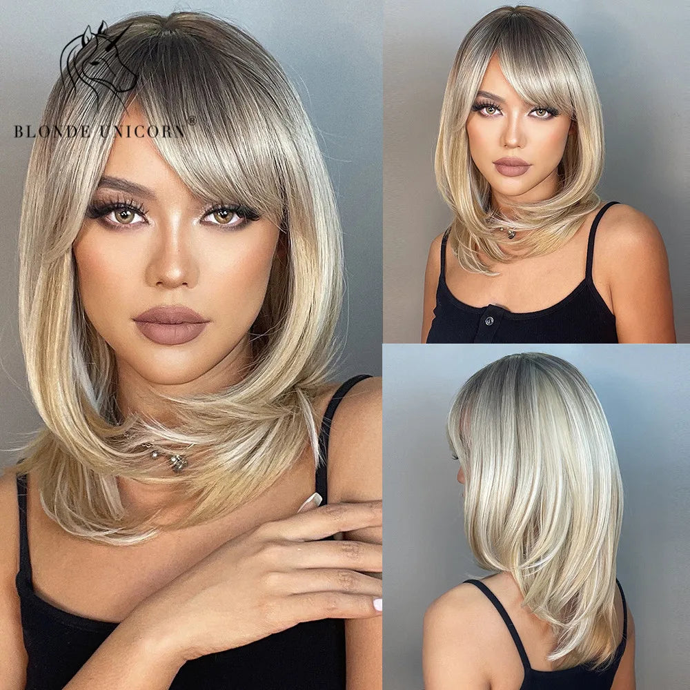 BLONDE UNICORN Synthetic Wig Natural Short Bob Wig Brown Blonde Straight Hair With Bangs Daily Use For Women Heat Resistant