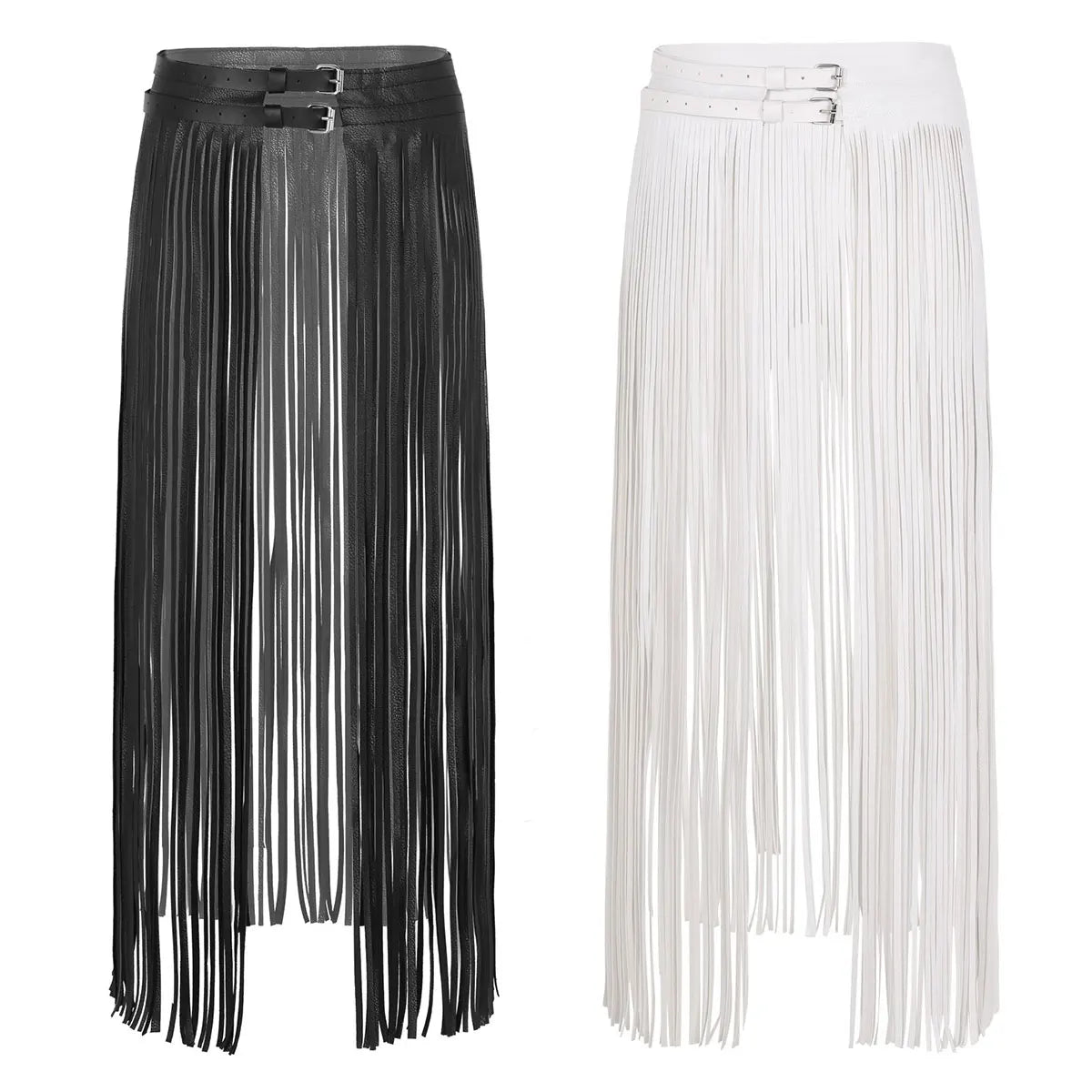 Women Punk Goth Skirt Belt Sexy Long Fringe Tassel Underskirts Adjustable Double Buckles PU Leather Waistband Skirt Rave Costume