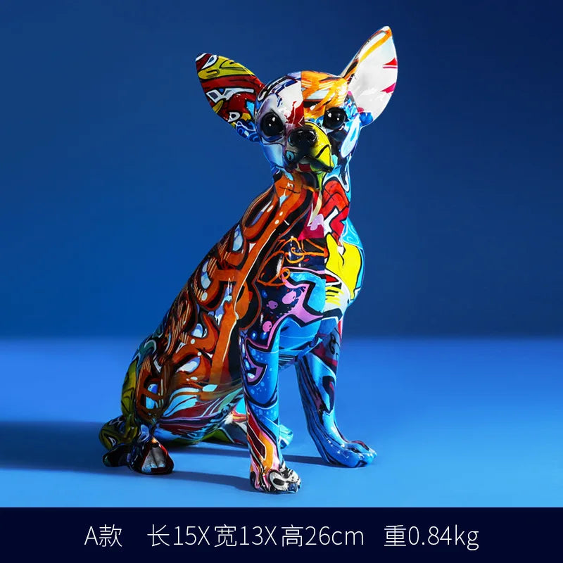 Creative Color Bulldog Chihuahua Dog Statue Figurine Resin Sculpture Home Office Bar Store Decoration Ornament Crafts