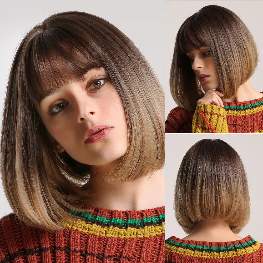 BLONDE UNICORN Synthetic Wig Natural Short Bob Wig Brown Blonde Straight Hair With Bangs Daily Use For Women Heat Resistant