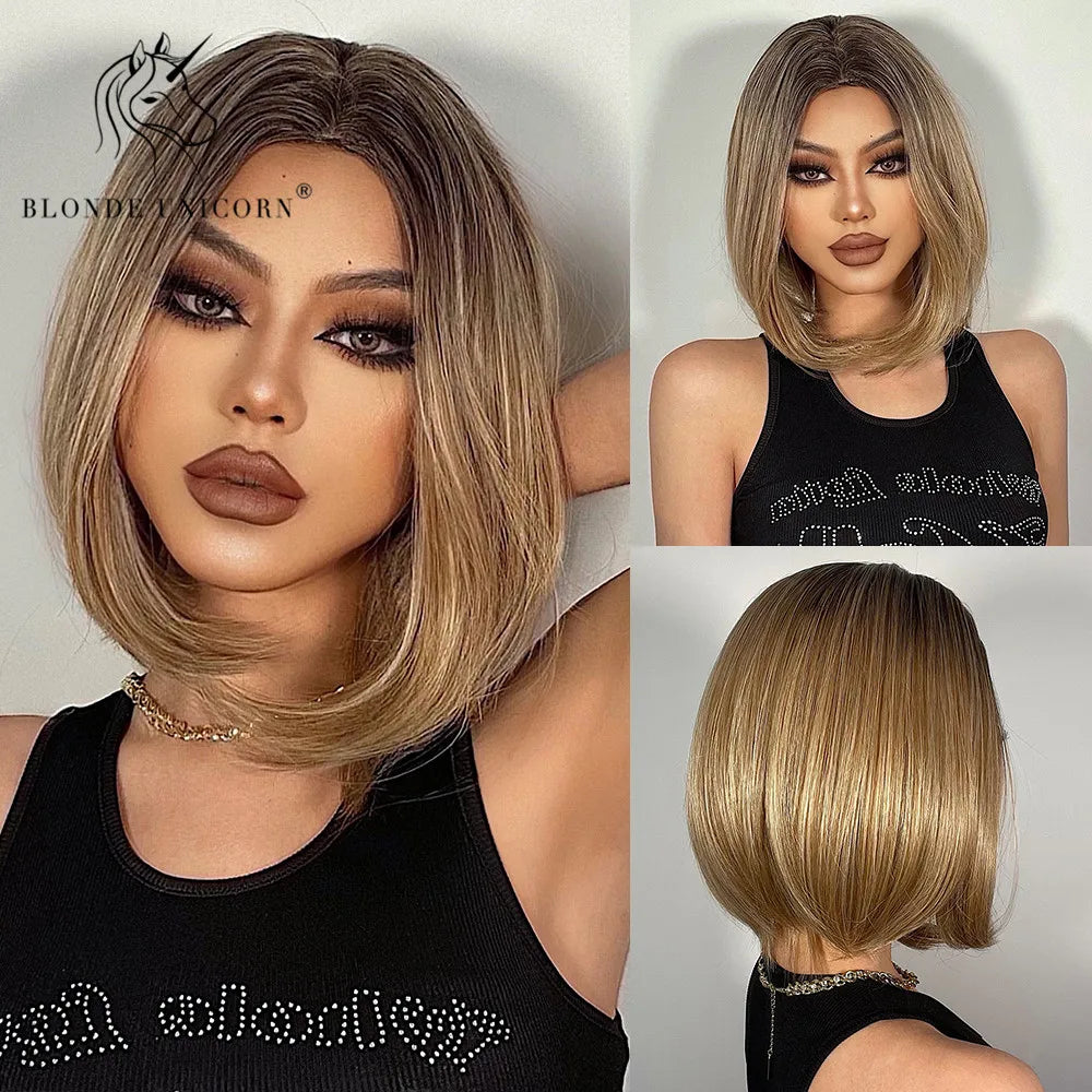 BLONDE UNICORN Synthetic Wig Natural Short Bob Wig Brown Blonde Straight Hair With Bangs Daily Use For Women Heat Resistant